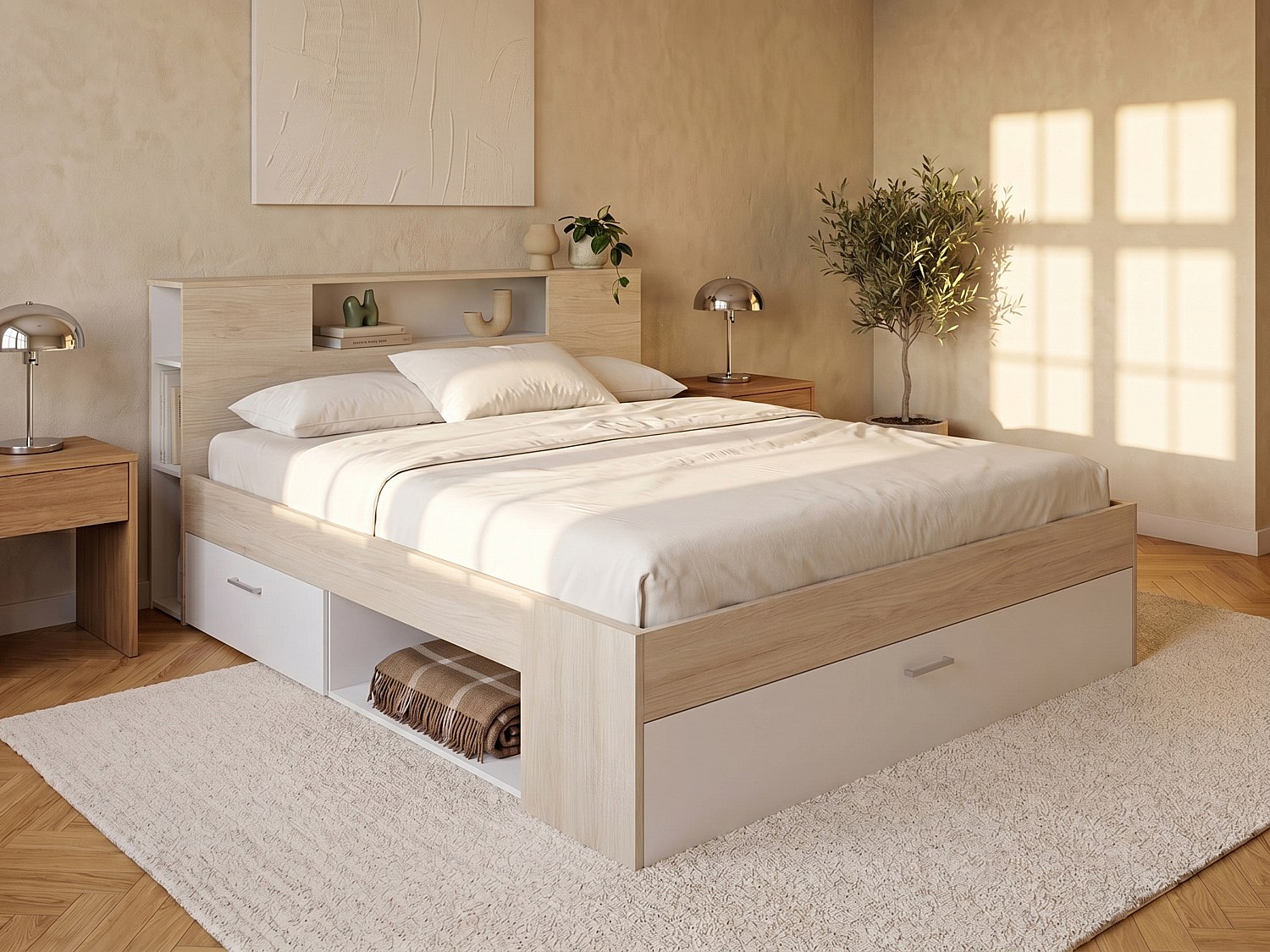 Bett mit Kopfteil, Stauraum & Schubladen + Lattenrost - 140 x 190 cm - Weiß & Naturfarben - LEANDRE