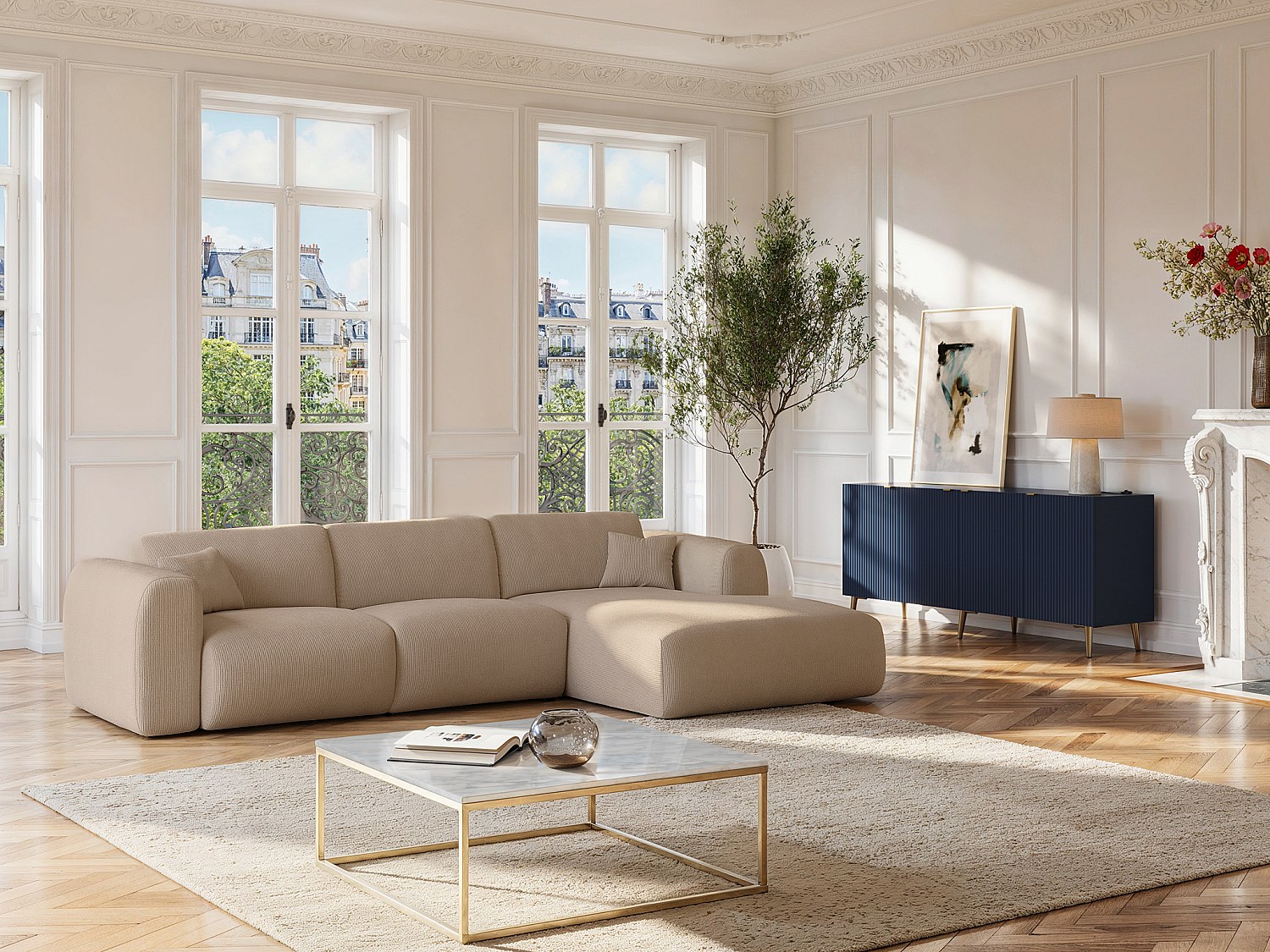 Großes Ecksofa - Ecke rechts - Samt-Stoff - Beige - POGNI von Maison Céphy