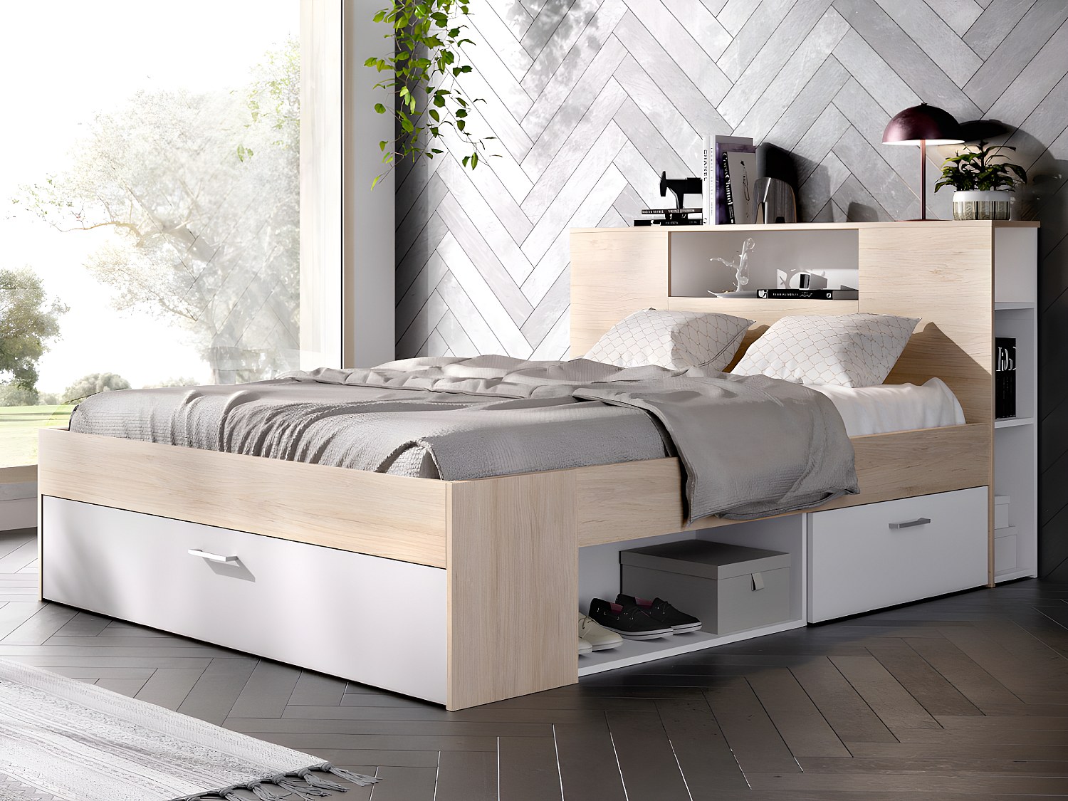 Bett mit Kopfteil, Stauraum & Schubladen + Lattenrost + Matratze - 160 x 200 cm - Weiß & Naturfarben - LEANDRE