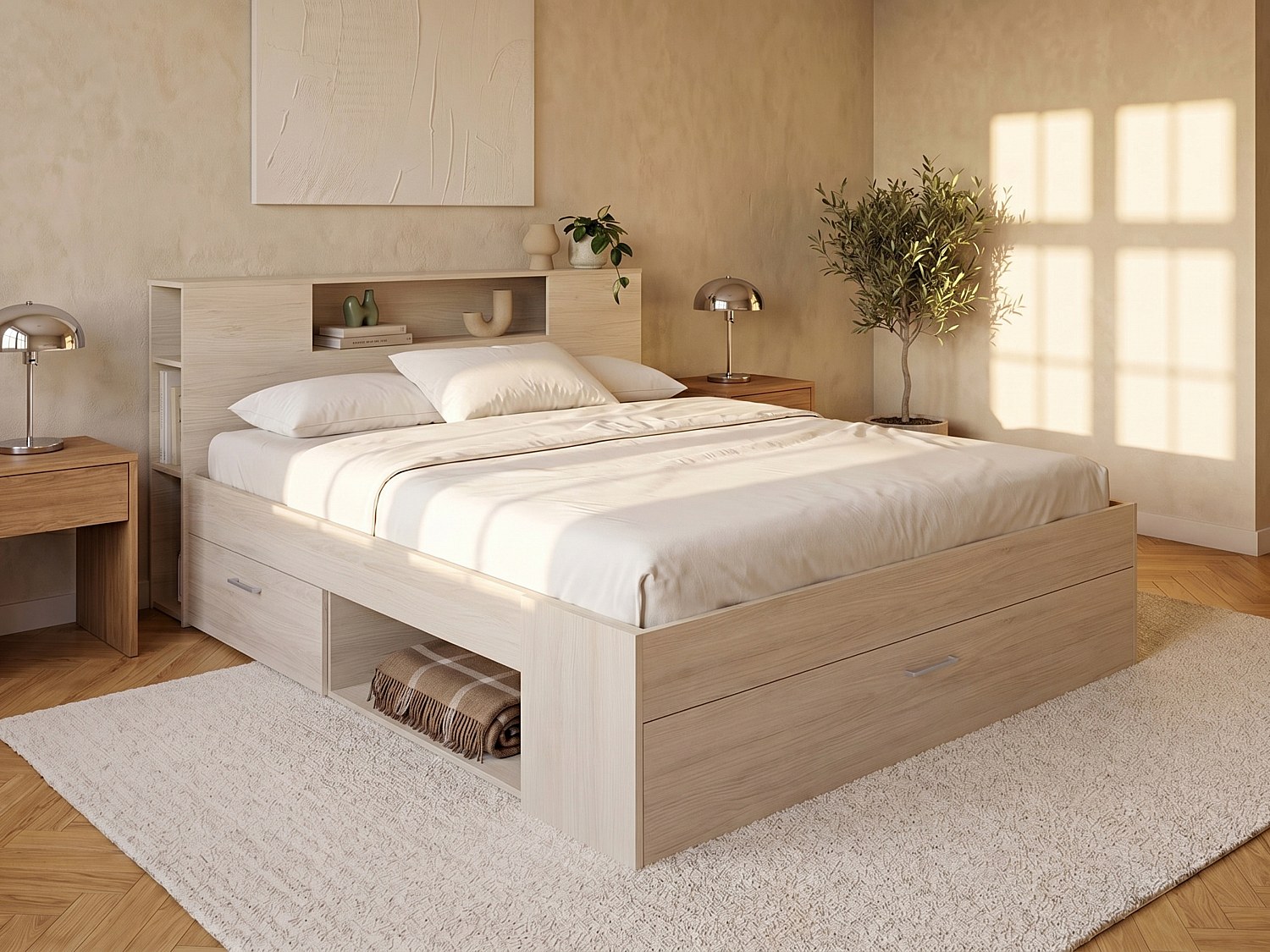 Bett mit Kopfteil, Stauraum & Schubladen + Lattenrost + Matratze - 160 x 200 cm - Holzfarben - LEANDRE