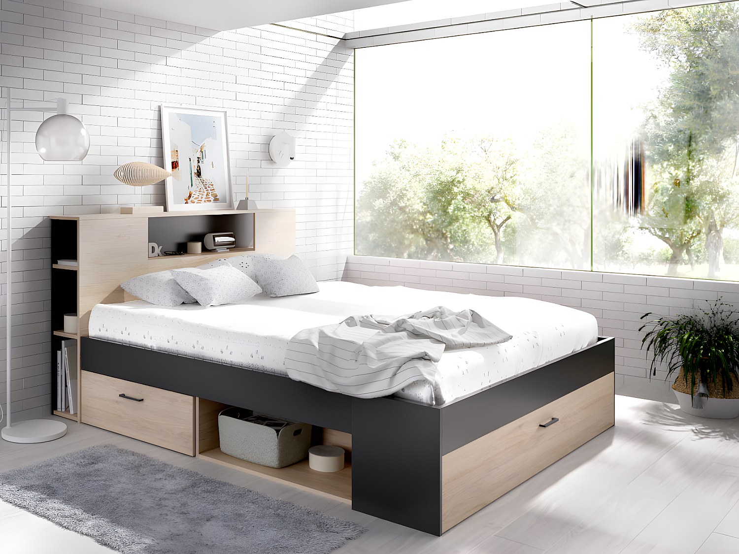 Bett mit Kopfteil, Stauraum & Schubladen + Lattenrost + Matratze - 160 x 200 cm - Naturfarben & Anthrazit - LEANDRE