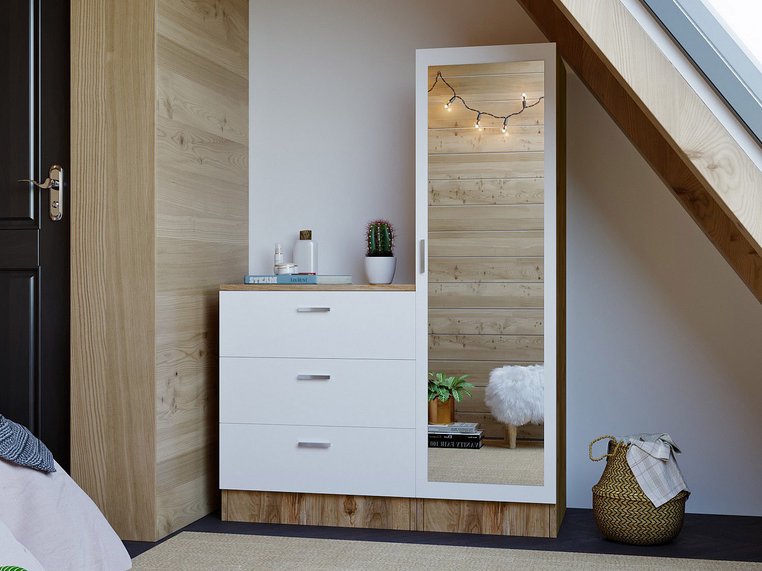 Kommode mit 3 Schubladen - Spiegelschrank - Weiß & Holzfarben - VITORIO