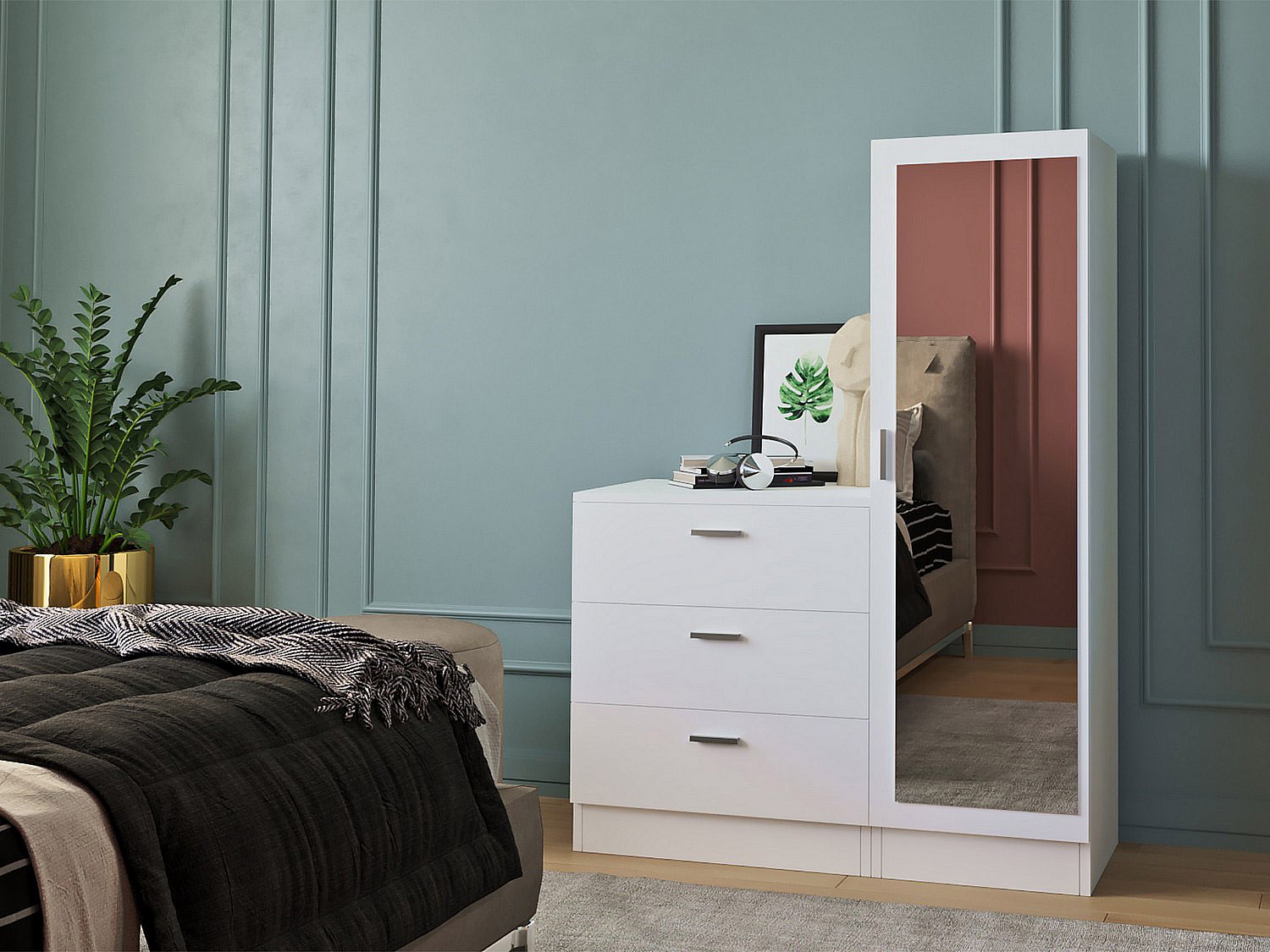 Kommode mit 3 Schubladen - Spiegelschrank - Weiß - VITORIO