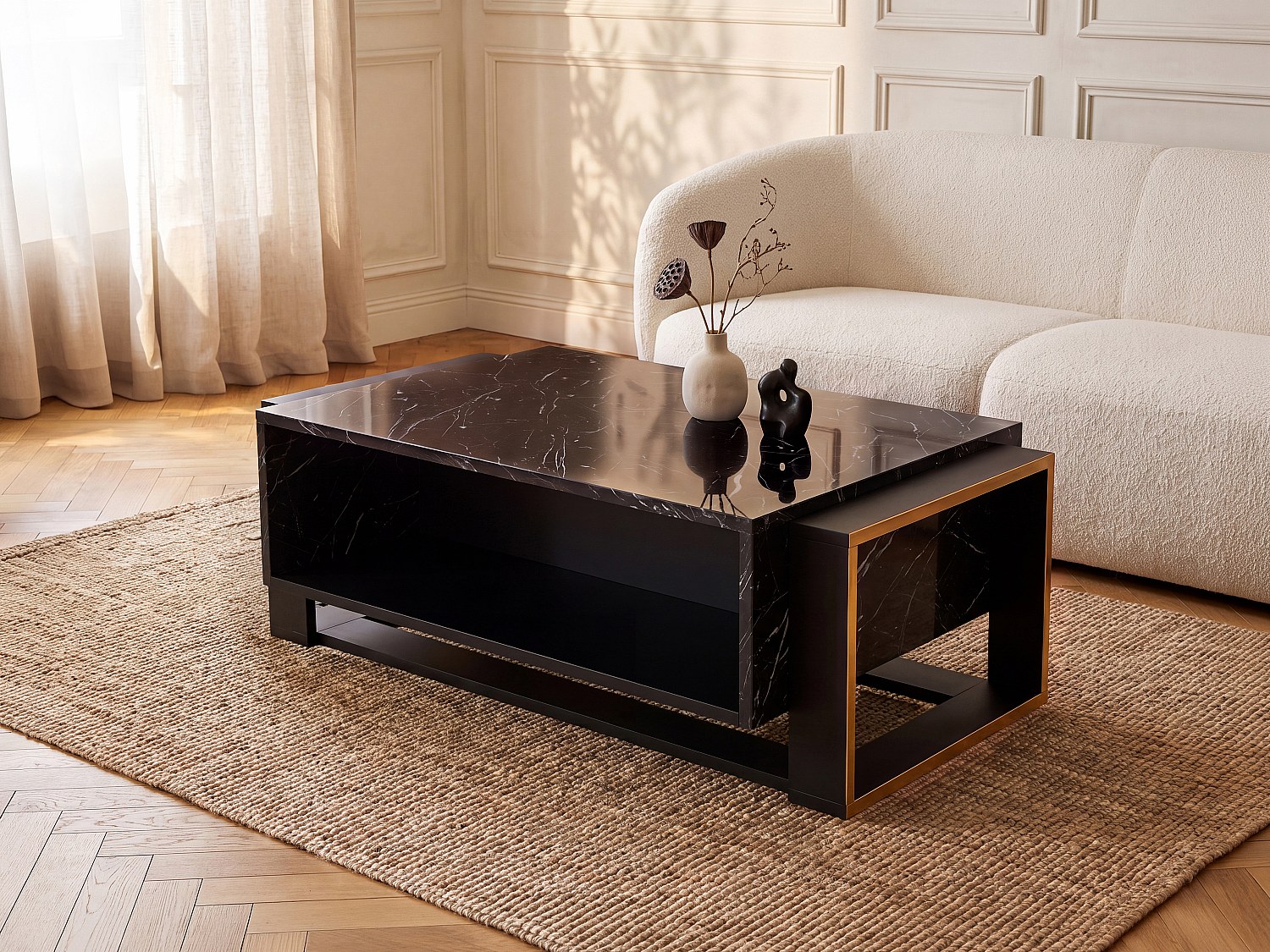 Couchtisch mit 1 Ablage - schwarze Marmor-Optik & goldfarben - COMEBI