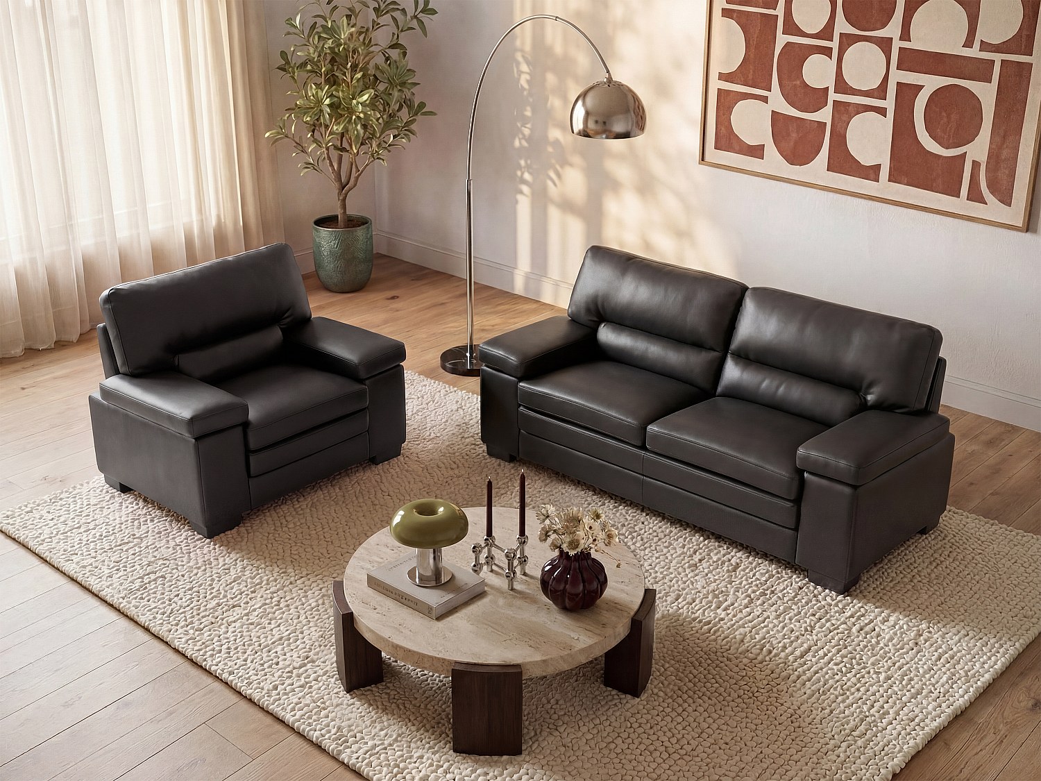 Couchgarnitur Leder 3+1 - Büffelleder - Schwarz - MIMAS
