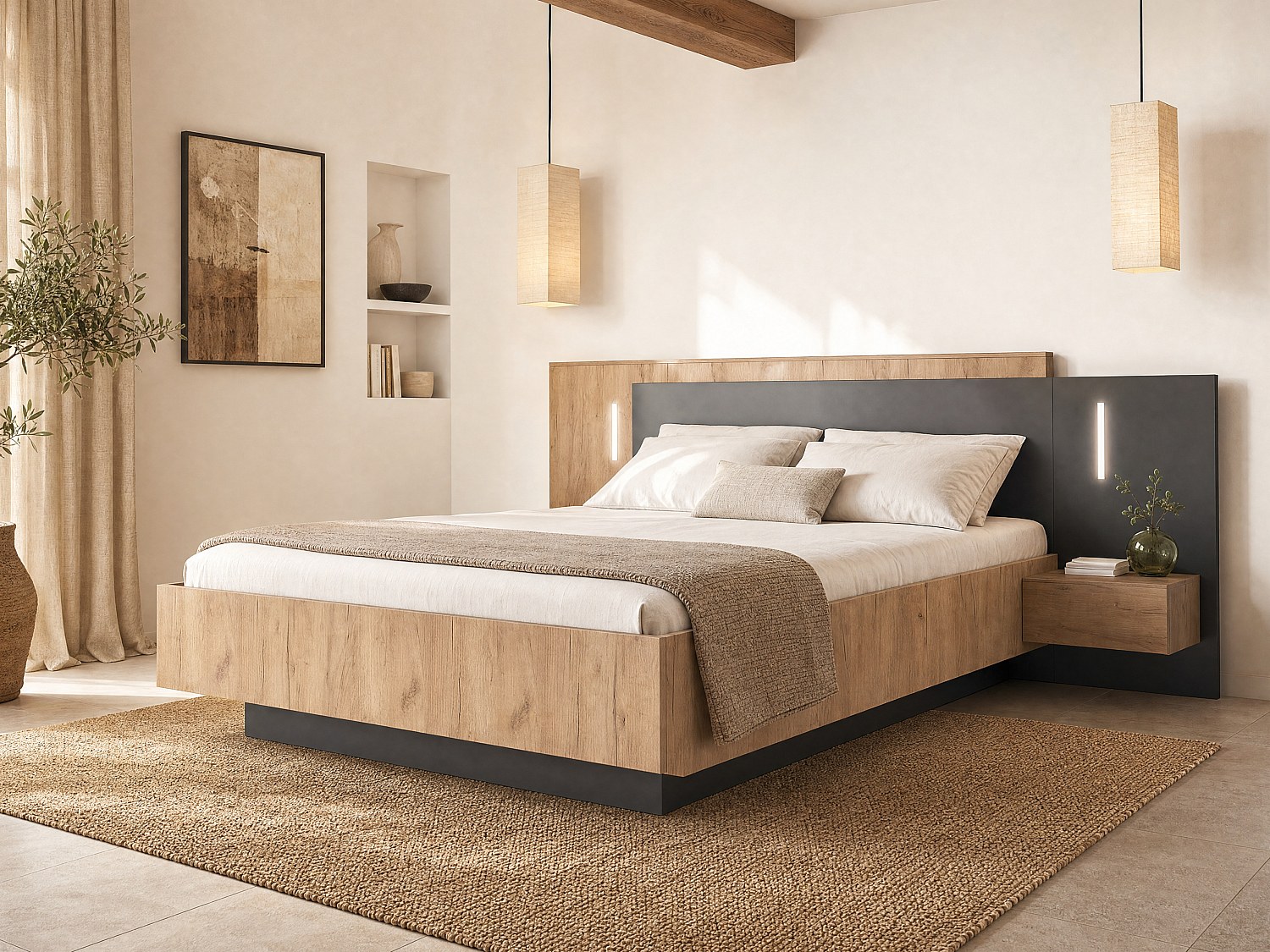 Bett mit integrierten Nachttischen - 160 x 200 cm - 2 Schubladen + LEDs + Lattenrost - Naturfarben & Anthrazit - FRANCOLI