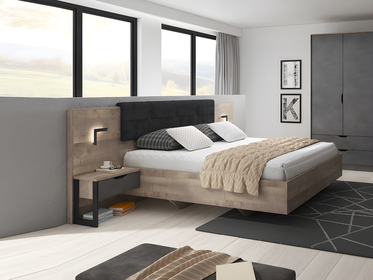 Bett mit Nachttischen + Lattenrost - 160 x 200 cm - Mit LED-Beleuchtung - Holzfarben & Anthrazit - LAONILE