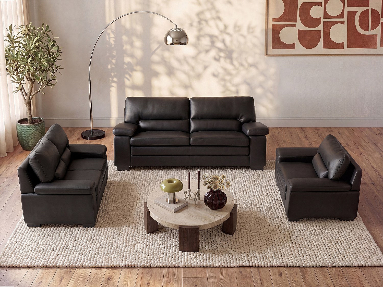 Couchgarnitur Leder 3+2+1 - Büffelleder - Schwarz - MIMAS