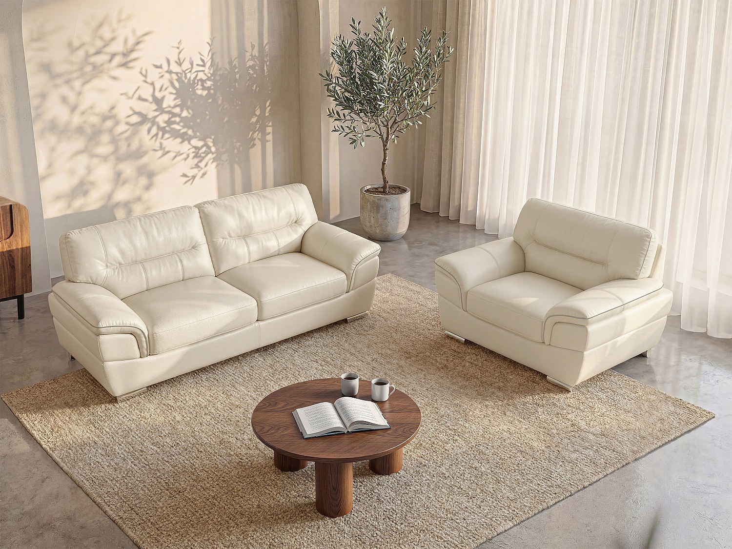Couchgarnitur Leder 3+1 - Elfenbein - THIBAULT