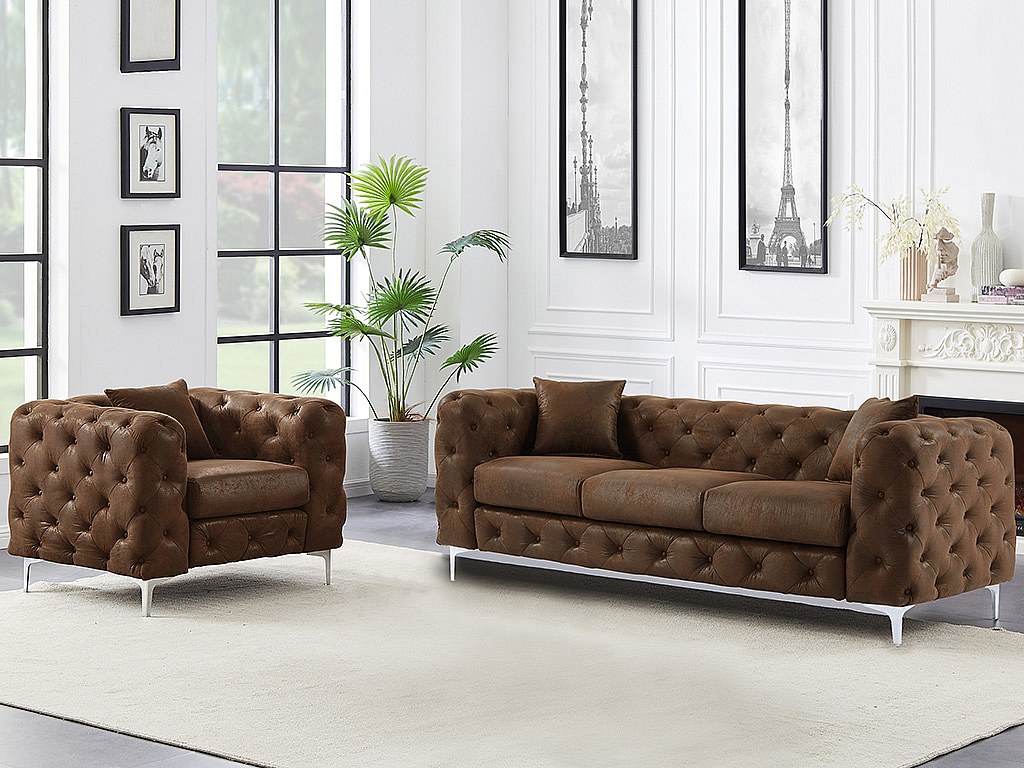 Chesterfield-Couchgarnitur 3+2 - Mikrofaser - Vintage-Leder-Optik - EDWINA