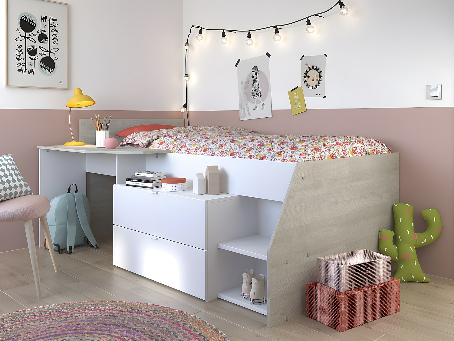 Bett 90 x 190/200 cm mit Schreibtisch & Stauraum + Lattenrost - Weiß & Holzfarben - GISELE