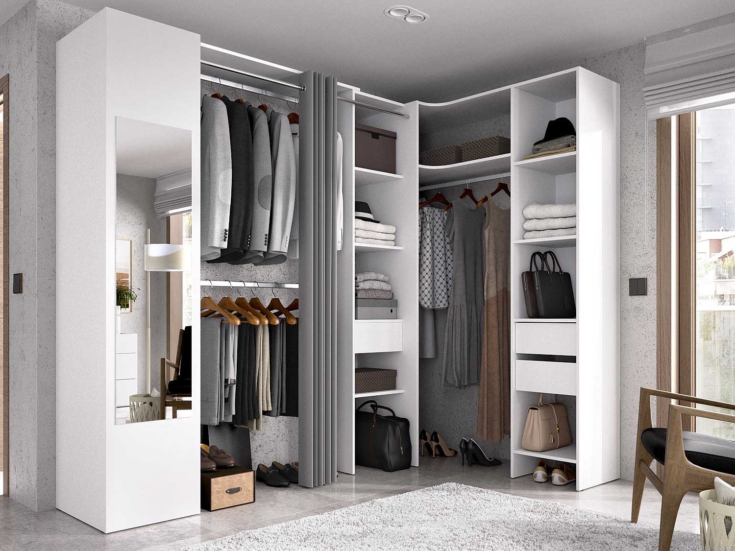 Eckkleiderschrank mit Vorhang & 1 Tür - Mit Spiegel - B 231 cm - Weiß & Grau - BERTRAND