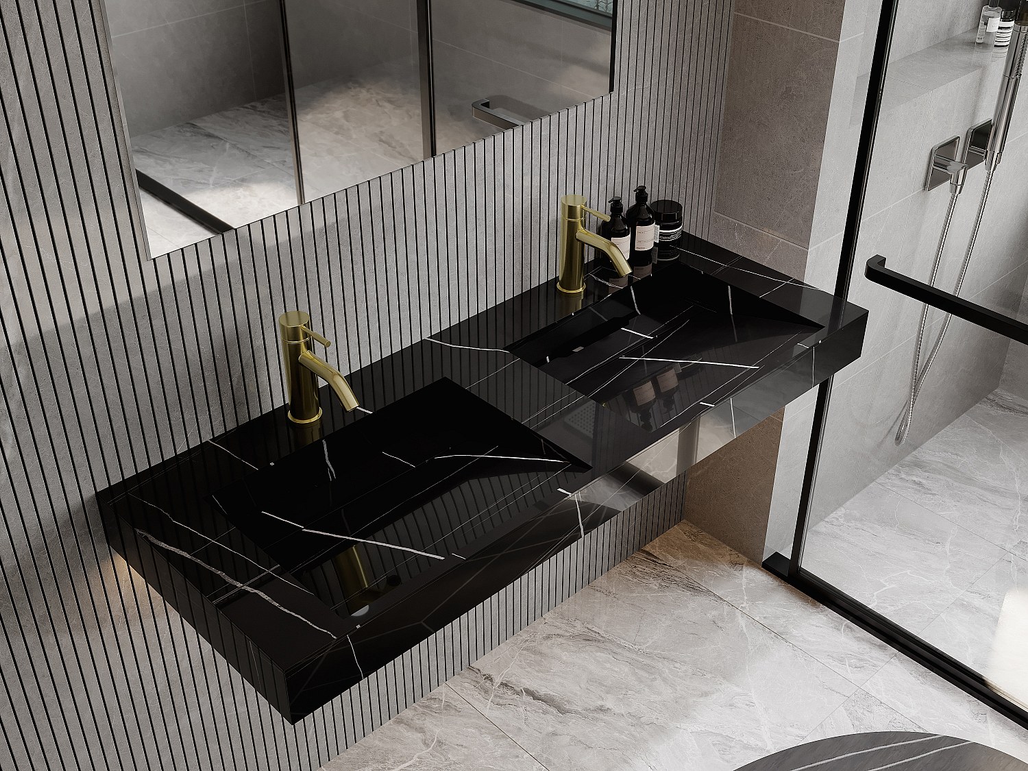 Doppel-Waschbecken hängend - 120,2 x 45,2 x 8 cm - Solid Surface - Marmor-Optik Schwarz - TAKOTNA