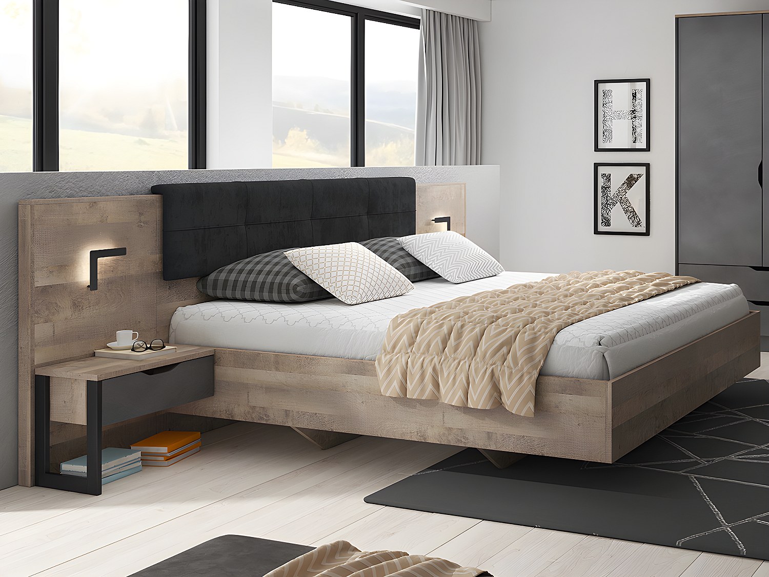 Bett mit Nachttischen + Lattenrost + Matratze - 160 x 200 cm - Mit LED-Beleuchtung - Holzfarben & Anthrazit - LAONILE