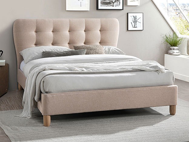 Polsterbett - 140 x 190 cm - Stoff - Beige + Matratze - ELIDE