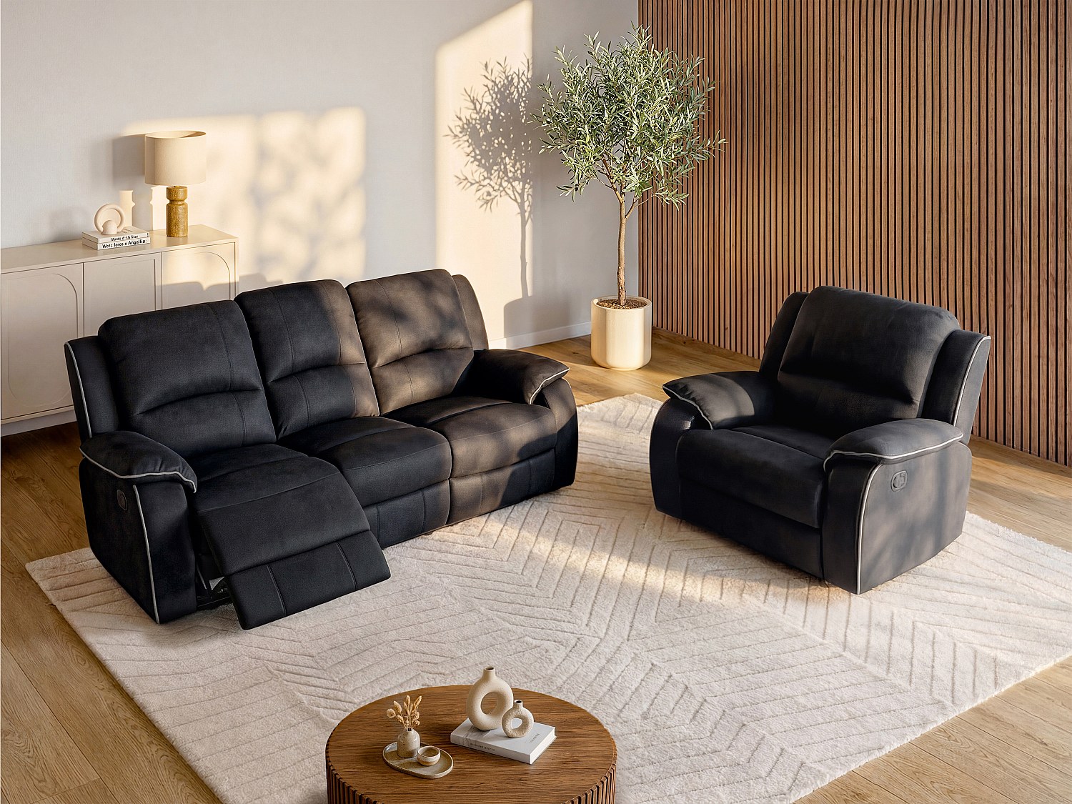 Couchgarnitur Relax 3+1 - Microfaser - Schwarz - HERNANI