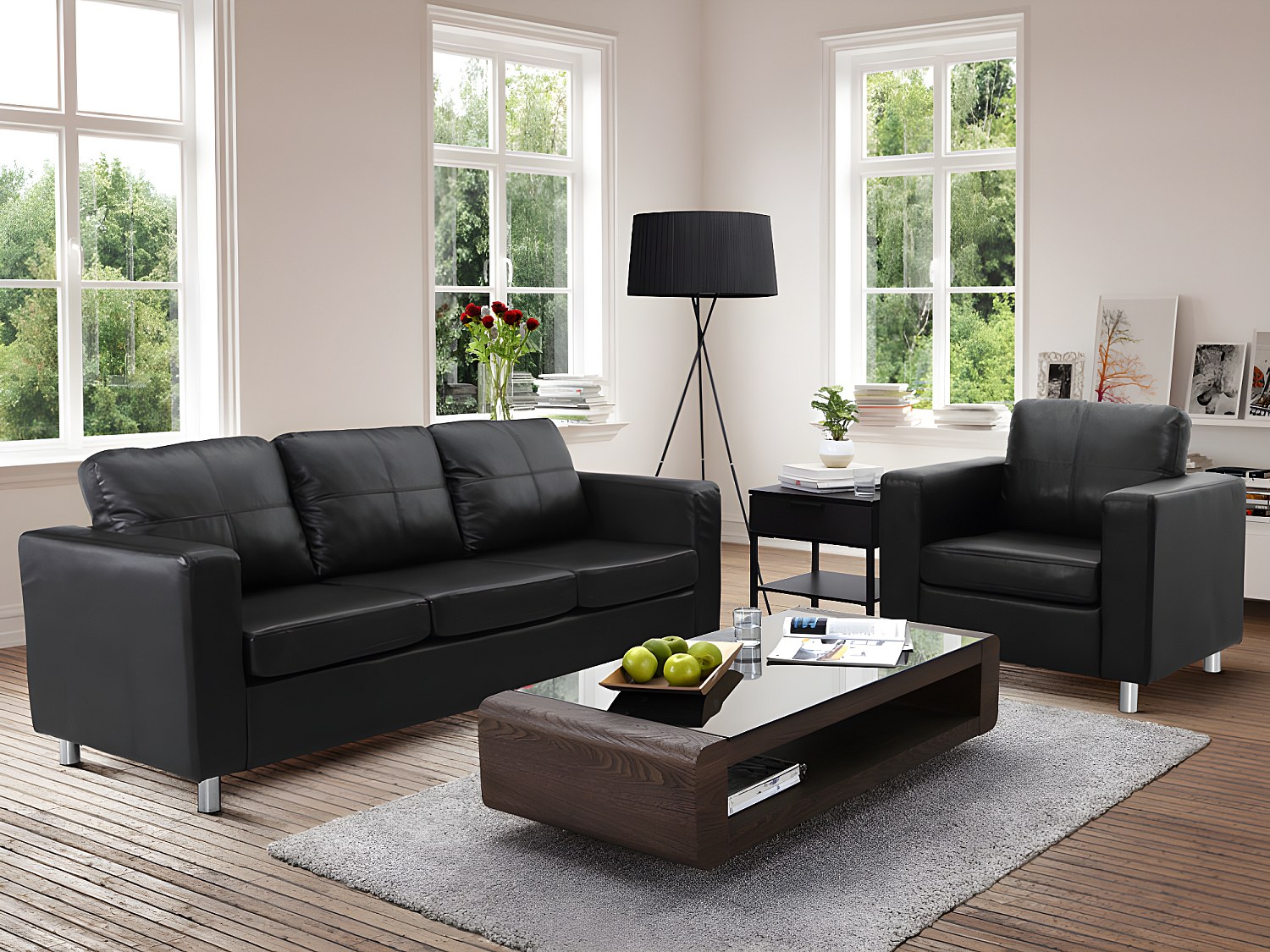 Couchgarnitur 3+1 - Kunstleder - Schwarz - ACKLEY