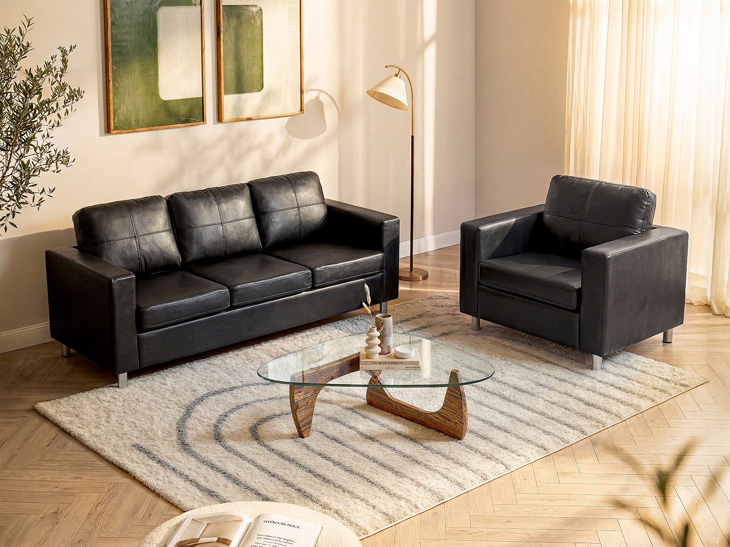 Couchgarnitur 3+1 - Kunstleder - Schwarz - ACKLEY