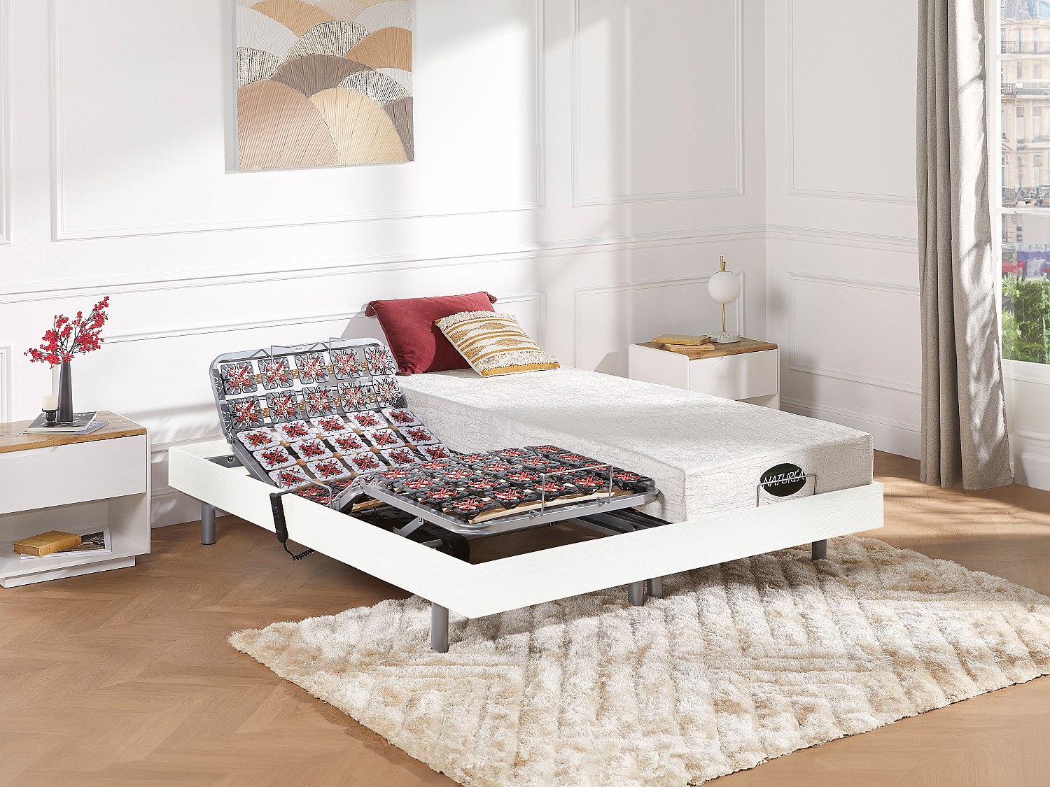 Relaxbett elektrisch - Matratzen mit Memory Schaum & Bambus - LYSIS III von NATUREA - mit OKIN-Motor - 2 x 90 x 200 cm - Weiß