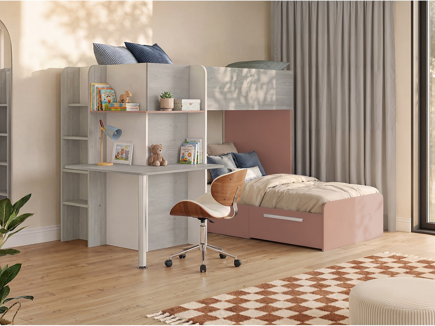 Eck-Hochbett - 2 x 90 x 190 cm -  mit Schreibtisch - Grau, Weiß & Rosa - SAMUEL