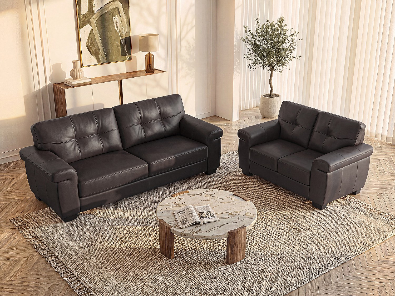 Couchgarnitur Leder 3+2 - Braun - HAZEL