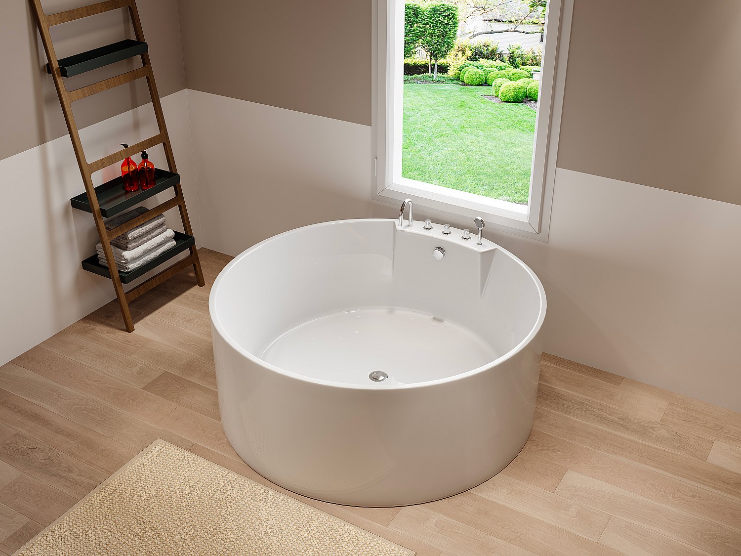 Freistehende runde Badewanne mit Armatur 150 x 150 x 58 cm Weiß 373 L LINDA