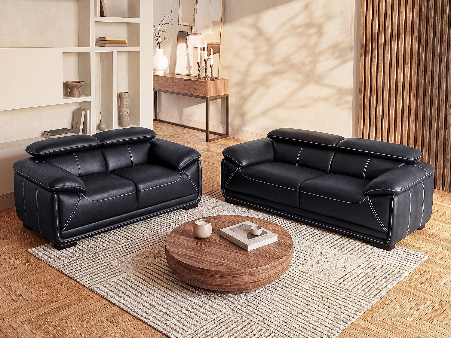 Couchgarnitur Leder 3+2 - Schwarz - MACELO