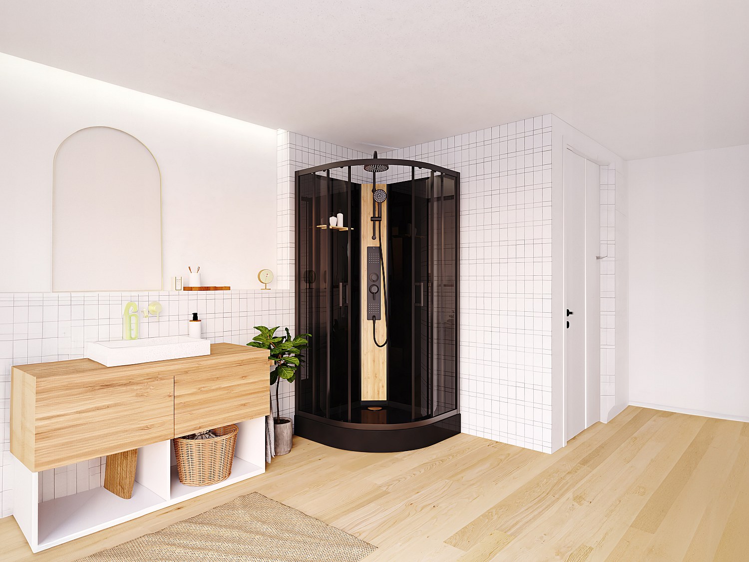 Viertelkreis-Duschkabine mit Hydromassage - Duschpaneel aus Bambus - Schwarz - 90 x 90 x 225 cm - TILOMA