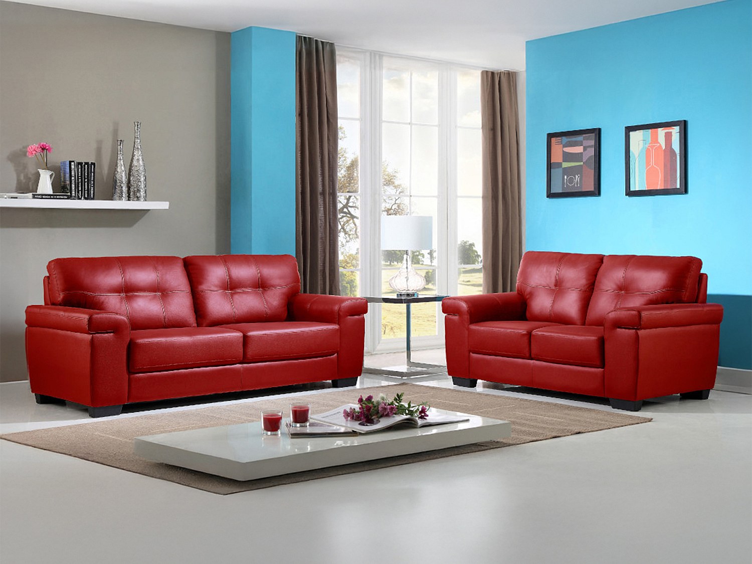Couchgarnitur Leder 3+2 - Rot - HAZEL