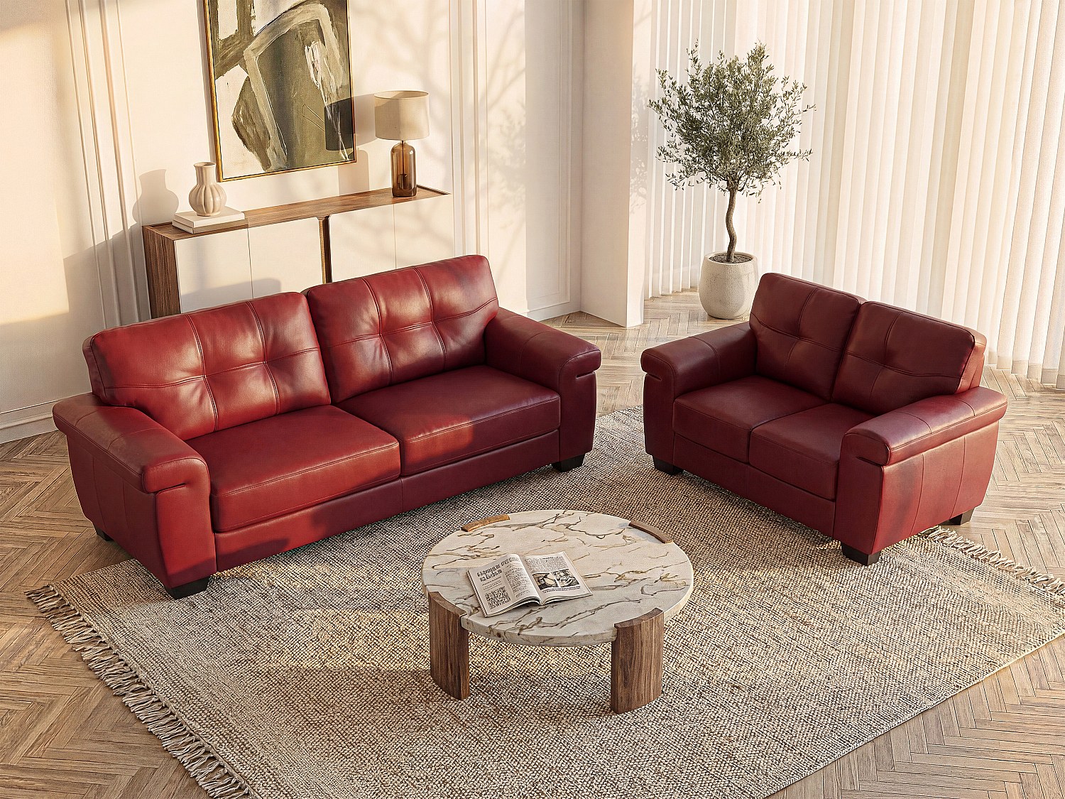 Couchgarnitur Leder 3+2 - Rot - HAZEL