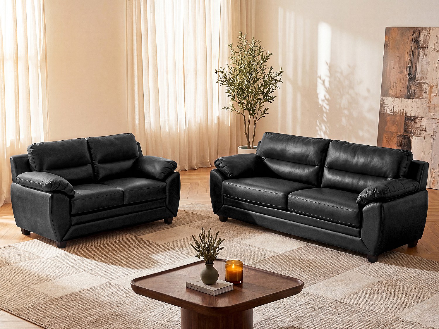 Couchgarnitur 3+2 - Kunstleder - Schwarz - MANOA