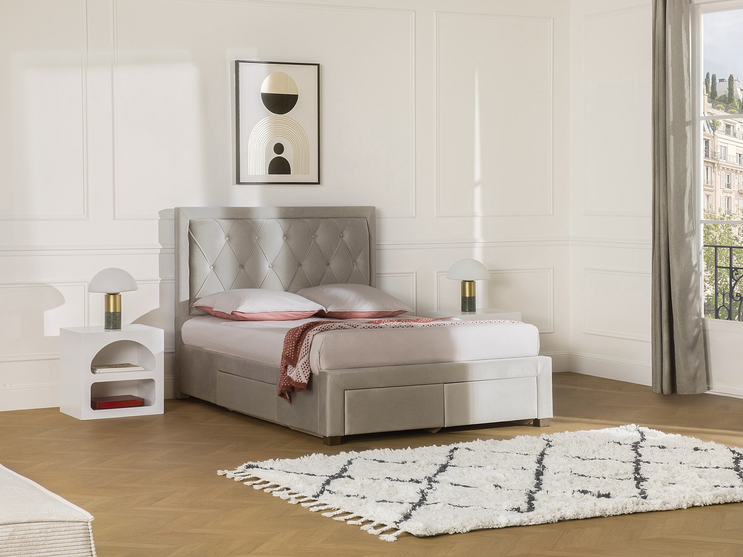 Polsterbett mit Schubladen - 160 x 200 cm - Samt - beige - LEOPOLD