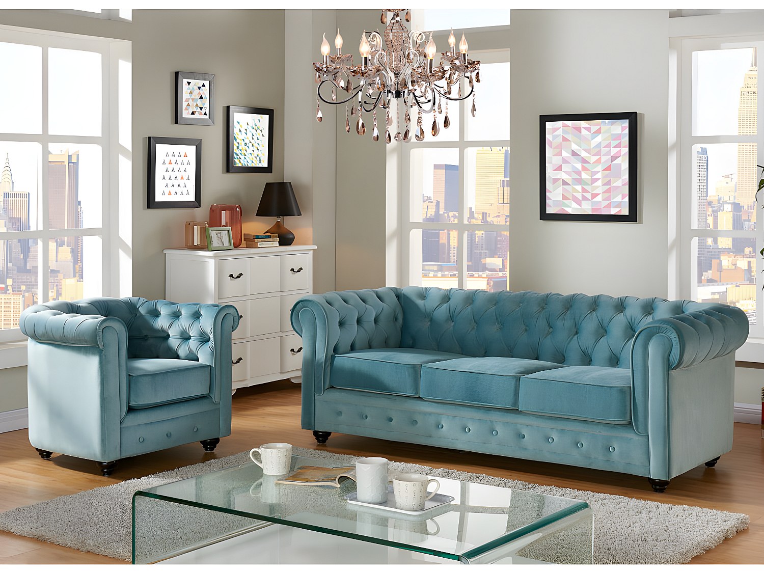 Couchgarnitur 3+1 - Samt - Hellblau - CHESTERFIELD