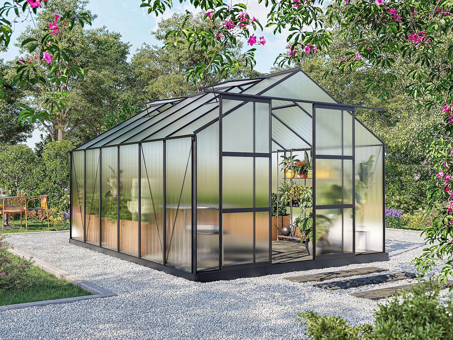 Gewächshaus mit Sockel - Polycarbonat - 13 m² - Anthrazit - KALIDA