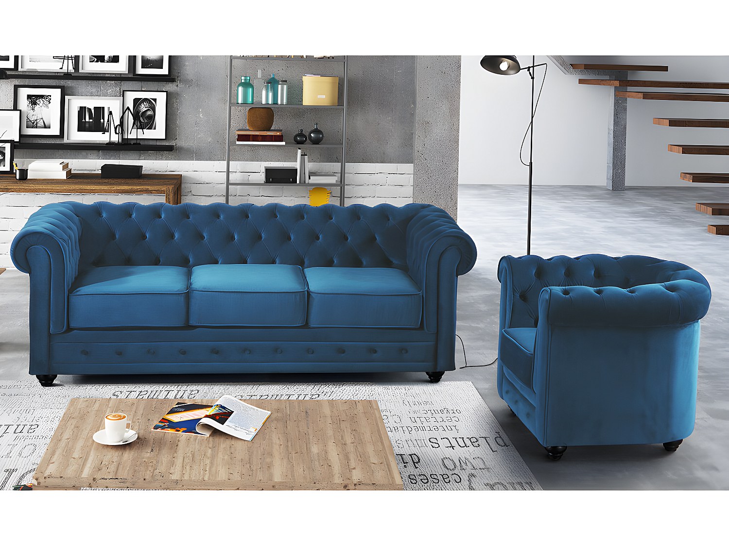 Couchgarnitur 3+1 - Samt - Grünblau - CHESTERFIELD
