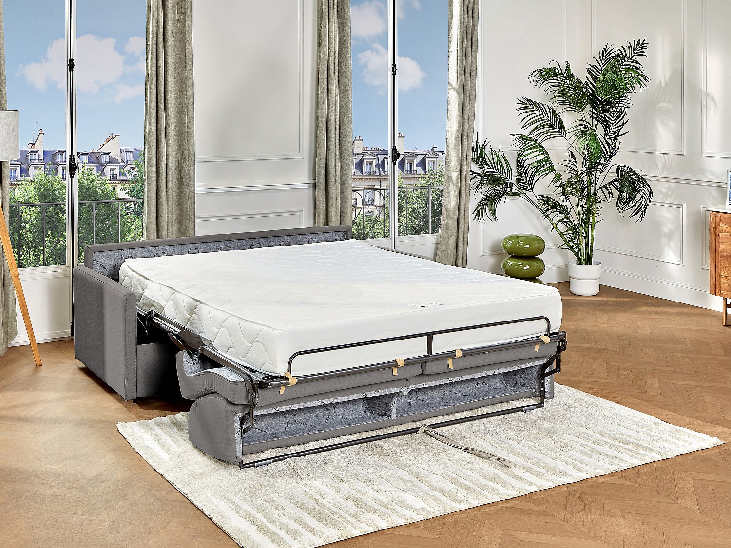 Schlafsofa 4-Sitzer - Liegefläche: 160 cm - Matratzenhöhe: 22 cm mit Memory Schaum - Stoff - Hellgrau - CALIFE