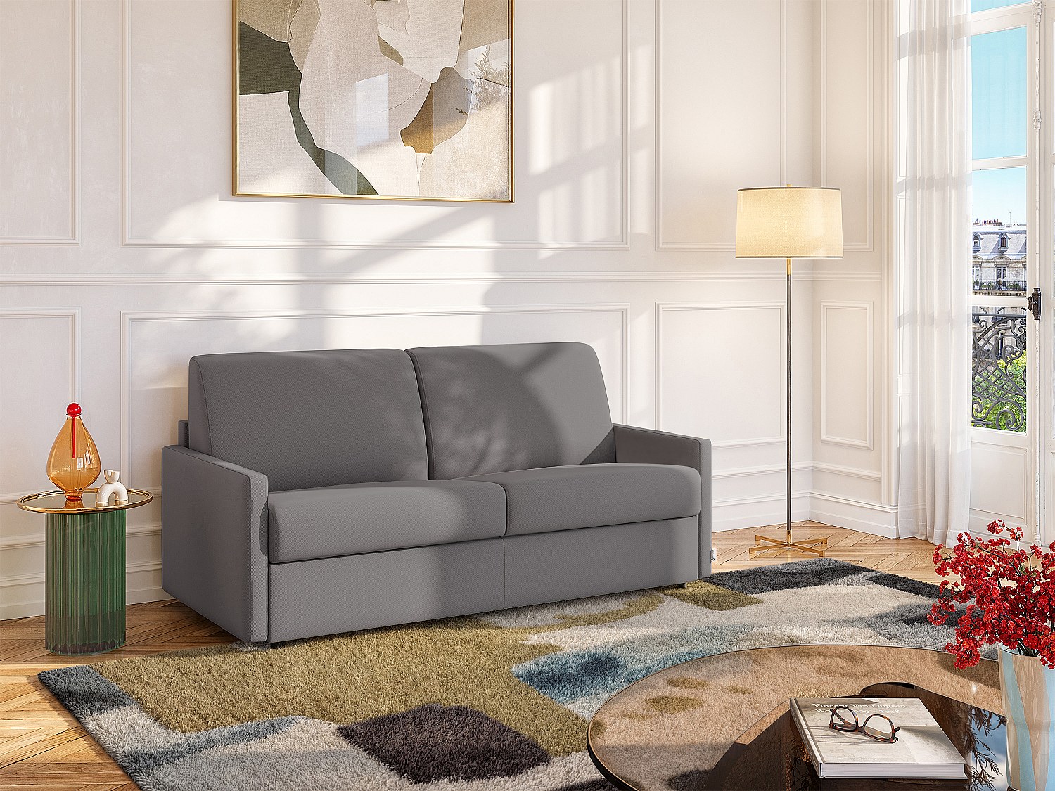 Schlafsofa 3-Sitzer - Liegefläche: 140 cm - Matratzenhöhe: 18 cm - Stoff - Hellgrau - CALIFE