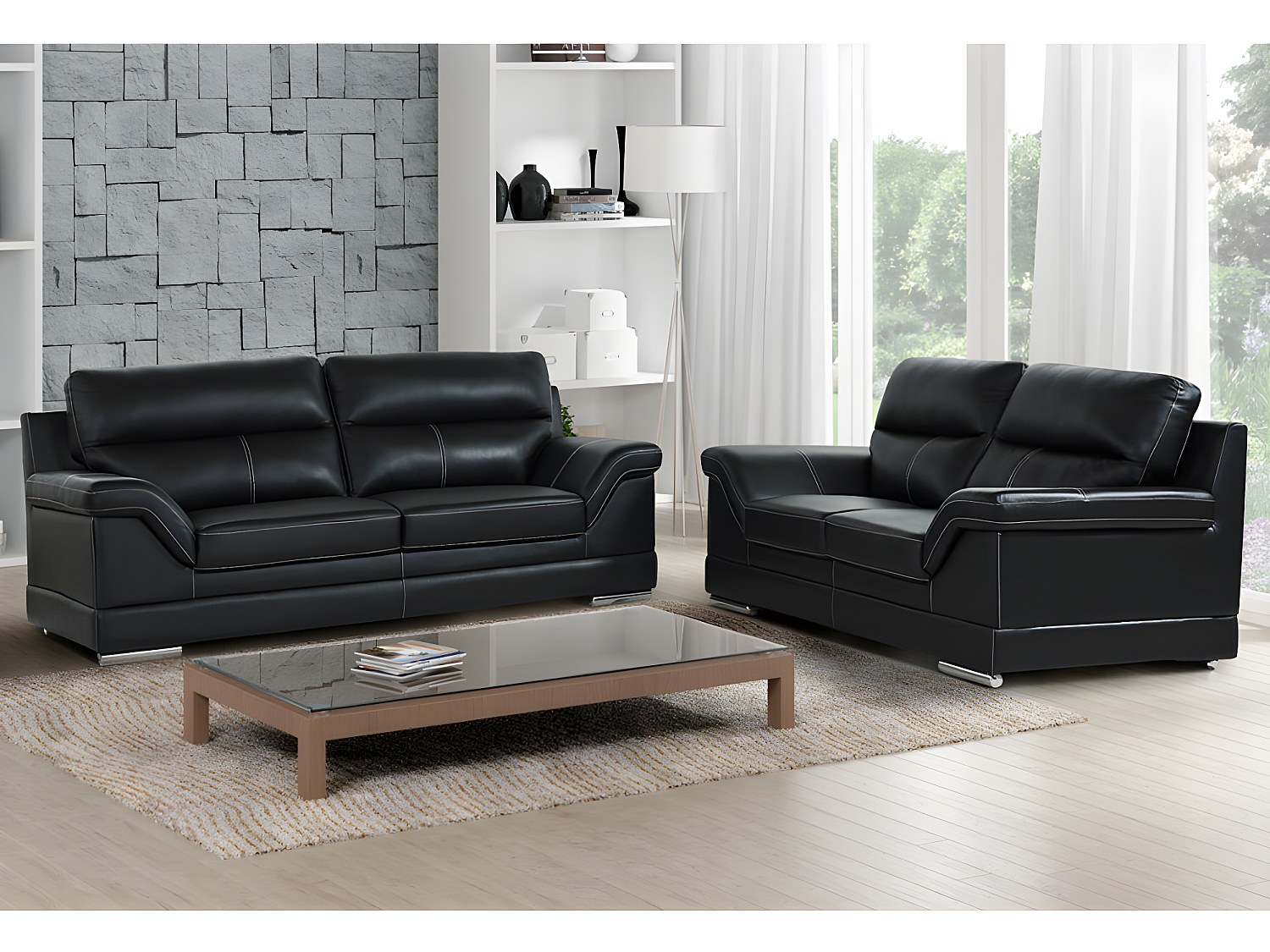 Couchgarnitur 3+2 - Büffelleder - Schwarz - MONIKA