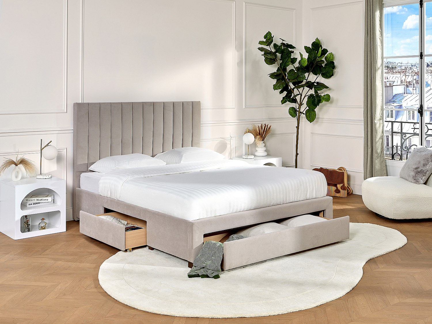 Bett mit 3 Schubladen + Matratze - 140 x 200 cm - Stoff - Beige - LIAKO