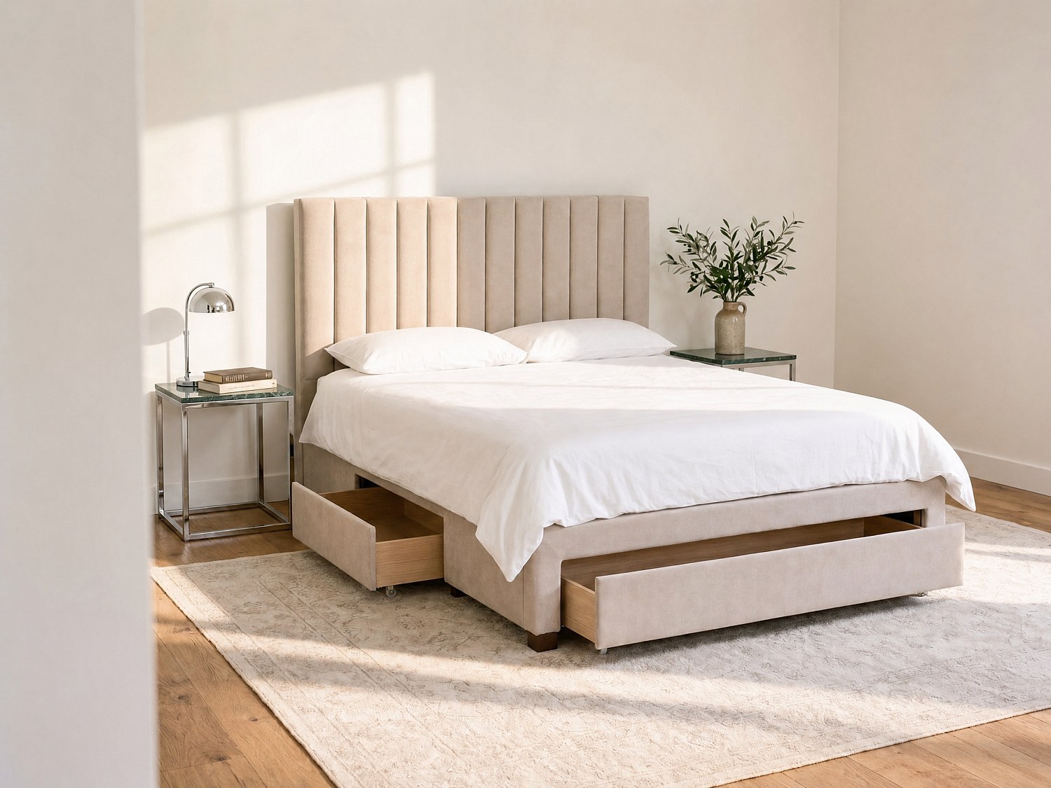 Bett mit 3 Schubladen + Matratze - 140 x 200 cm - Stoff - Beige - LIAKO