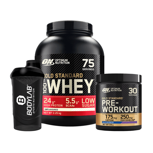 100% Whey Gold Standard (2270g) + Gold Standard Pre-Workout (330g) + Bodylab24 Shaker GRATIS!