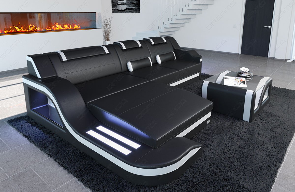 Mini Design Ledersofa Palermo L-Form mit LED