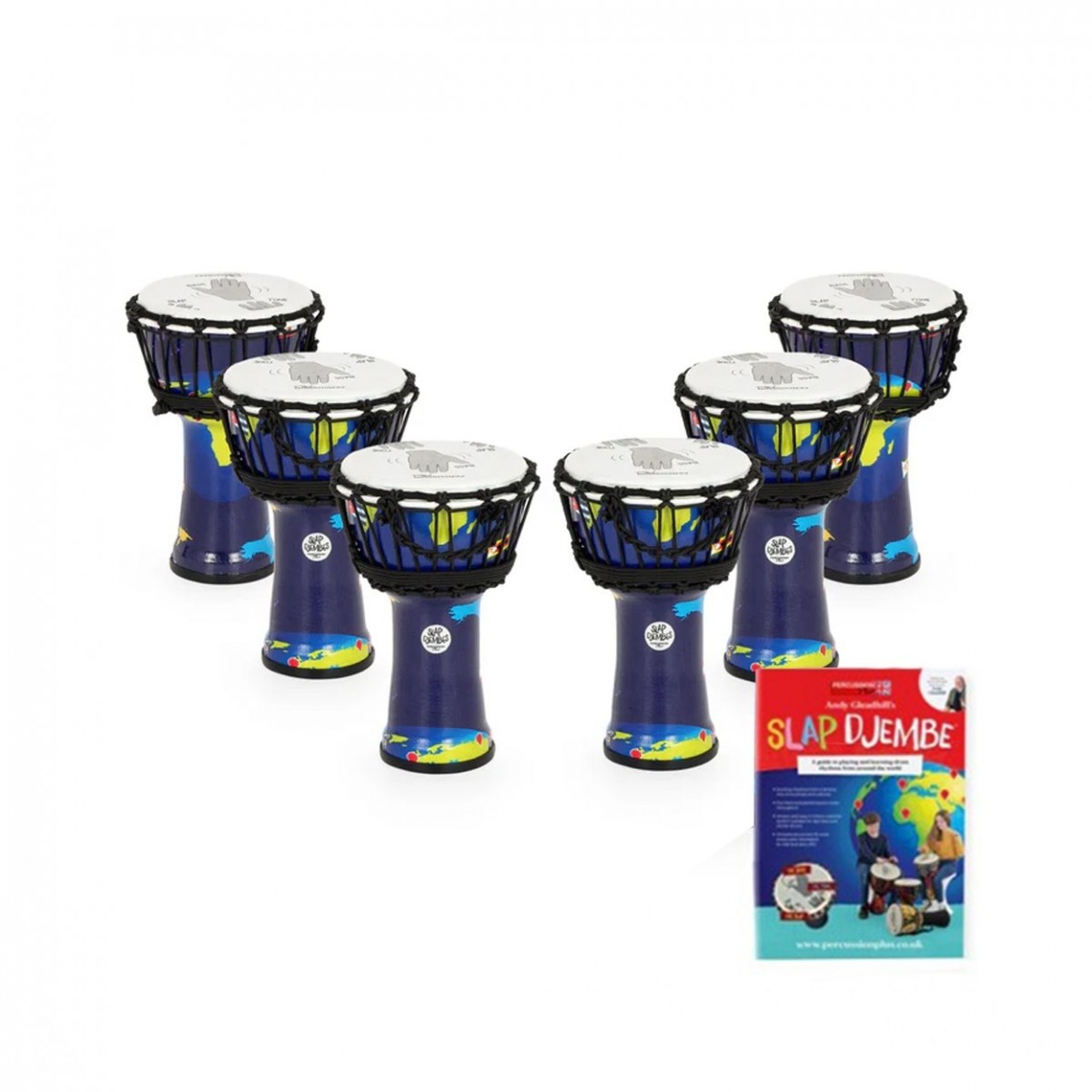 Perkussion Plus Slap Djemben Pack Rope Tuned 7 Zoll Kopf 6 Spieler Pack Weltkarte