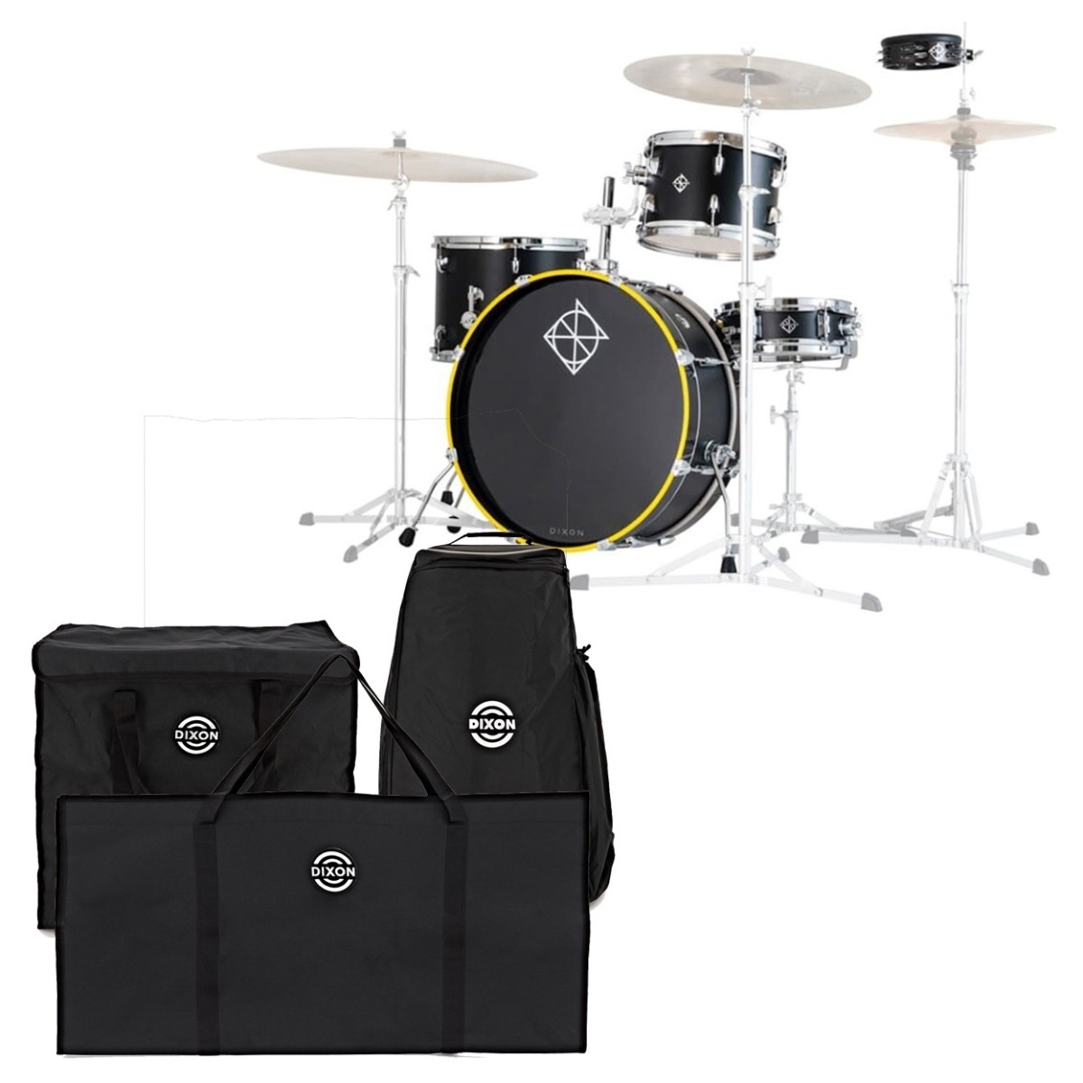 Dixon Drums Little Roomer 20 5pc Kesselsatz w/Bags Gloss Black w/Yellow Hoops
