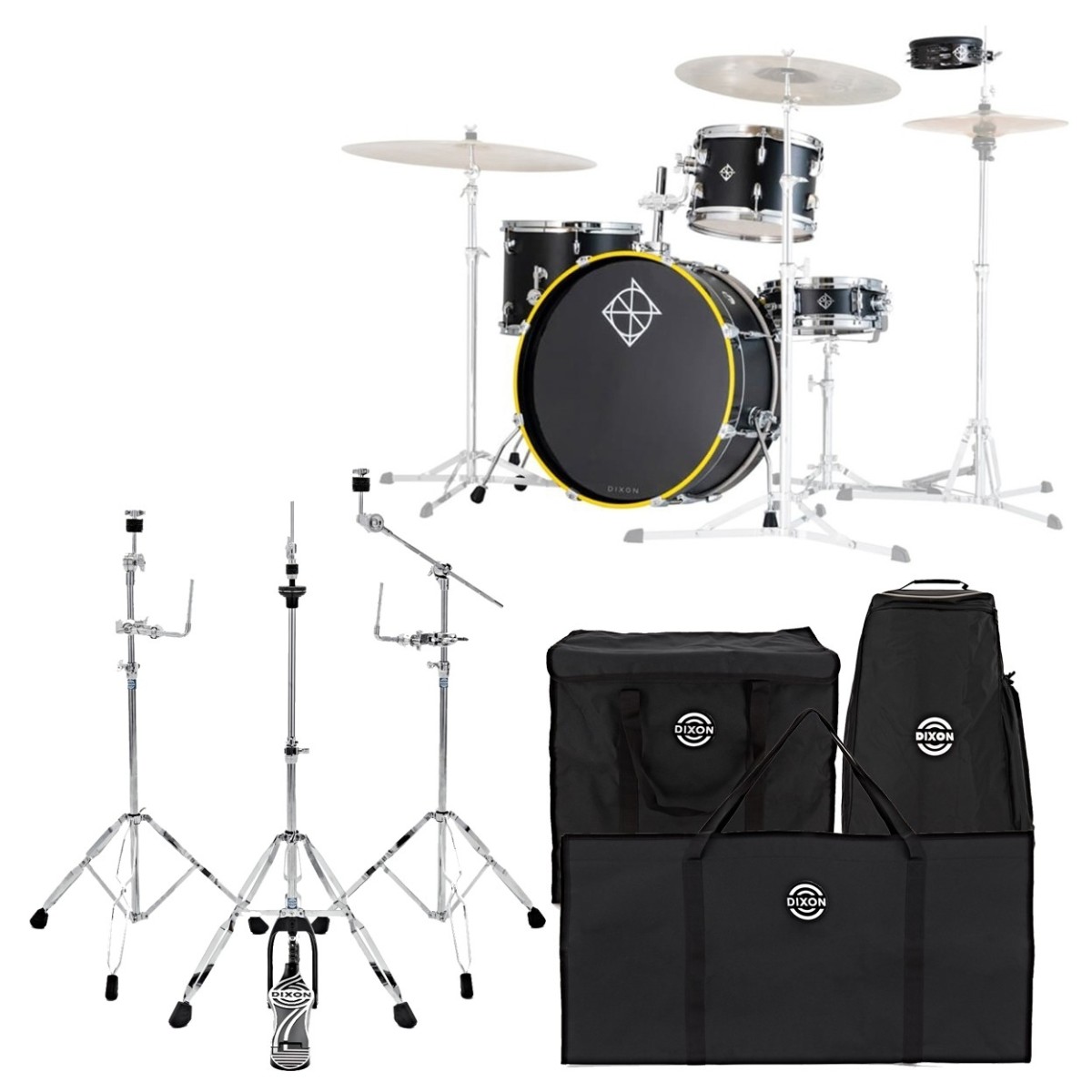 Dixon Drums Little Roomer Gig Pack w/Hardware & Bags Gloss Black w/Yellow Hoops