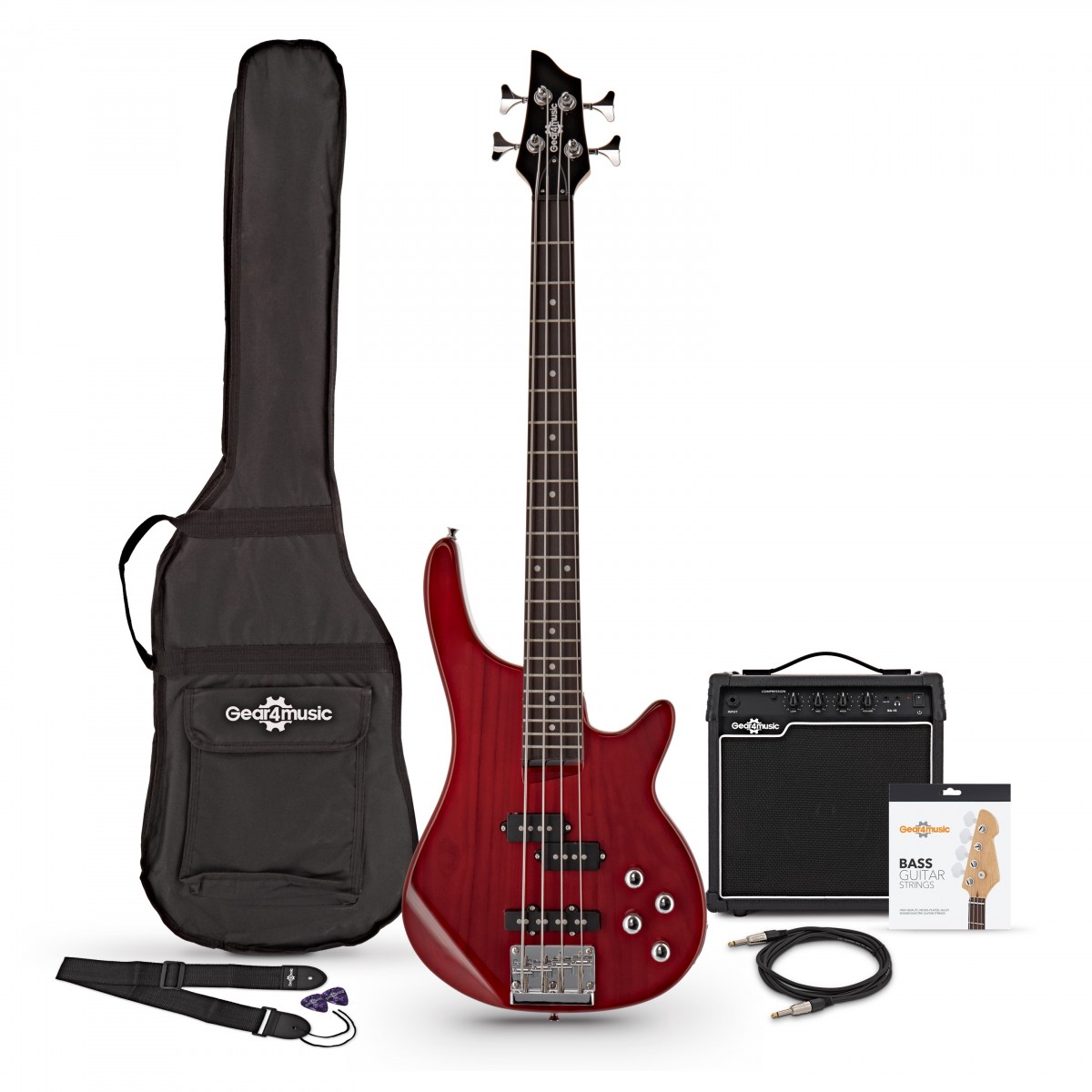 3/4 Chicago E-Bass mit 15-Watt-Verstärker Paket Trans Red