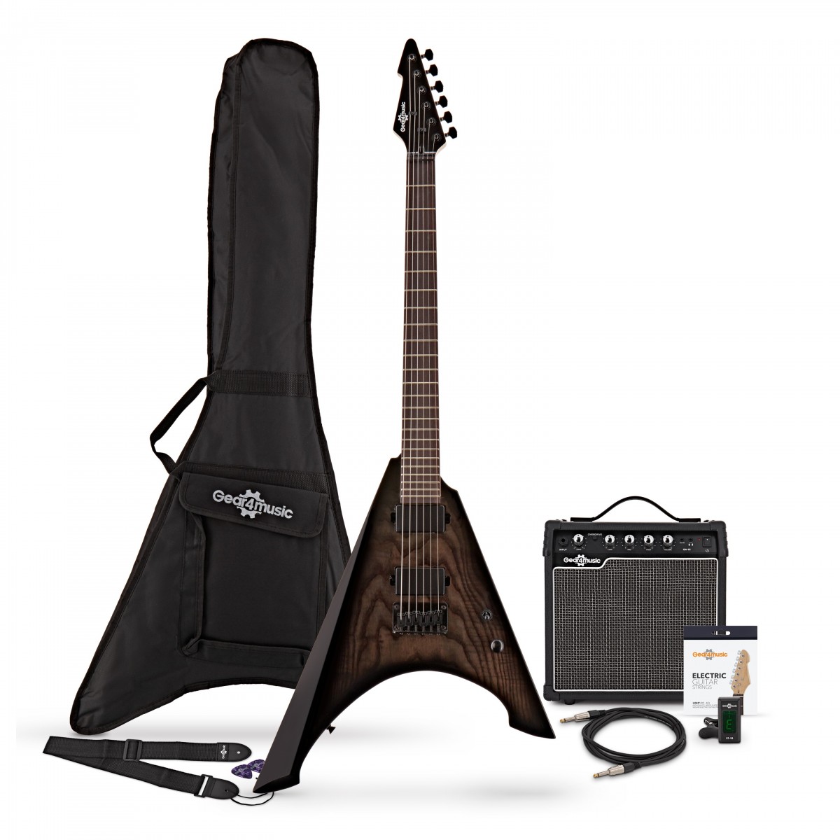 Harlem V E-Gitarre Trans Black im Paket mit 15-Watt-Verstärker