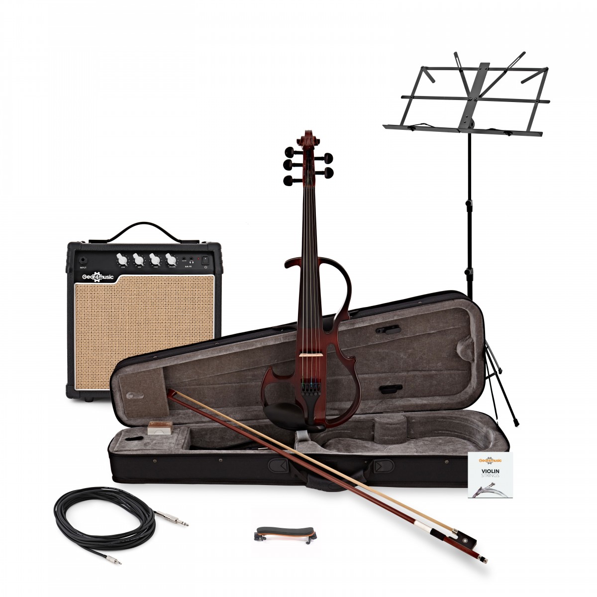 5-saitige E-Violine von Gear4music Trans Red im Paket mit Verstärker