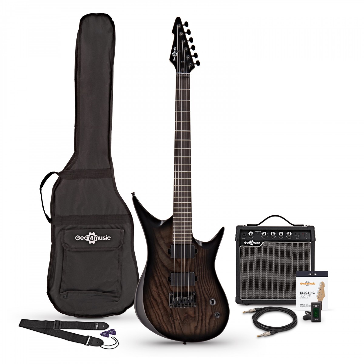 Harlem 6 E-Gitarre Trans Black im Paket mit 15 Watt-Verstärker