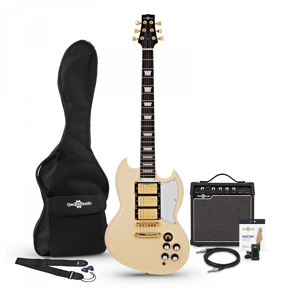Brooklyn Select E-Gitarre Ivory im Paket mit 15-Watt-Verstärker